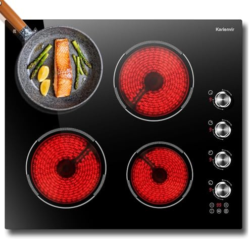 Karienvir Glaskeramikkochfeld Rahmenlos, Herdplatte 4 Kochfelder, 6000W | Kindersicherung, Zeitschaltuhr, Pausenfunktion, 9 Leistungsstufen, Knopf & Touch, Starkstrom-Anschluss, Keramik Kochfeld 60cm