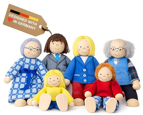goki S0218 - Biegepuppen City-Familie, nachhaltige Holzfiguren, Holzpuppen für Kinder, beweglich Robustes Holzspielzeug, kreatives Kinderspielzeug, naturbelassen - 6er Set, ab 3 Jahre