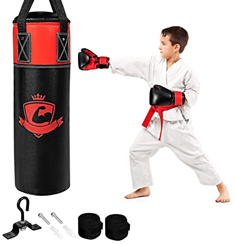 COSTWAY Kinder Boxsack Set mit 8oz Boxhandschuhen & Handschlaufen & Tasche, Punchingsack für Karate, Kickboxen, Taekwondo (Grün) (Schwarz)