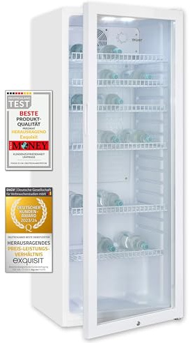 Exquisit GKS240-GT-160C Glastürkühlschrank - 237 L Flaschenkühlschrank | Gewerbekühlschrank in Weiß mit Umluftventilator, LED-Beleuchtung, Schloss und 6 Ablagen. 140 cm hoch & Freistehend.