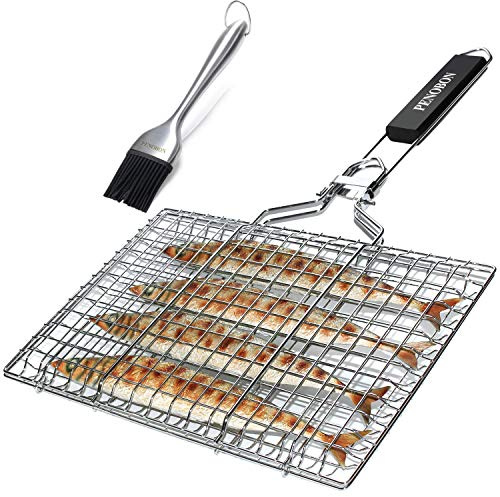 penobon Fisch-Grillkorb, faltbar, tragbarer Edelstahl-Grillkorb für Fischgemüse, Garnelen mit abnehmbarem Griff, mit Backpinsel und Aufbewahrungstasche (Tipo 1)