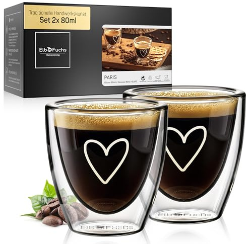 ElbFuchs® Espressotassen Set HERZ [2x 80ml] Doppelwandige Espresso Gläser Set | Thermogläser doppelwandig | Ausgefallene Espressotassen Glas ohne Henkel für alle Espressomaschinen