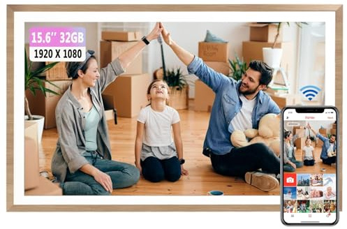 Frameo Digitaler Bilderrahmen 15,6 Zoll WLAN,1920x1080 FHD IPS Touchscreen Smart Fotorahmen Groß mit 32GB WALN Fernfreigabe von Fotos und Videos mit Kalender Wetter Musik