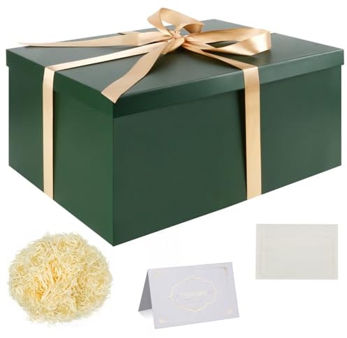 Geschenkbox Set, Grün Geschenkboxen mit Deckel 38 x 28 x 19 cm Groß Geschenkbox mit Schleife Geschreddertes Seidenpapier Grußkarten für Weihnachten Geburtstag Hochzeitstag