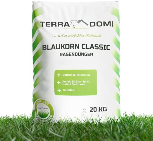 TerraDomi Blaukorn Dünger 20kg | Rasendünger Sommer mit Langzeitwirkung | Blaudünger optimal auch bei Hitzestress für einen gesunden Rasen | Volldünger & Universaldünger | 500m²