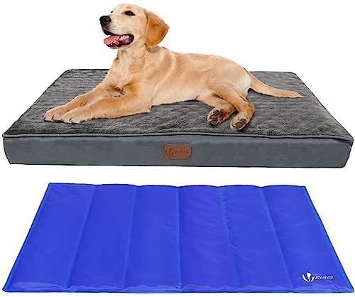 VOUNOT Orthopädisches Hundebett mit Abnehmbarer Kühlmatte, 2 in 1 Hundekissen Mittelgroße Hunde, Waschbare Hundematte, Grau 91x70x9 cm