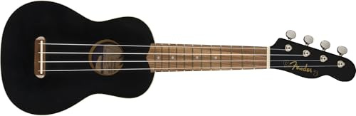 Fender Venice Sopran-Ukulele für Anfänger, Kinder und Erwachsene, Schwarz | Die beste Ukulele für Anfänger, handliche Soprangröße, inklusive kostenloser Online-Kurse, Starterset