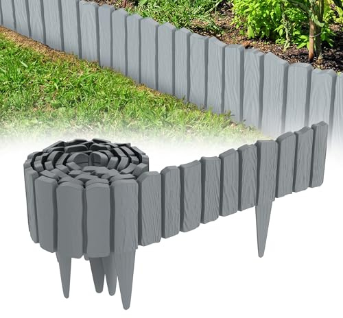 QEENTOE 4.8m Rasenkante Kunststoff Beetumrandung mit Holzoptik & 10 cm Erdspießen - Mähkante für Garten, Beeteinfassung Palisade im Holzdesign Grau