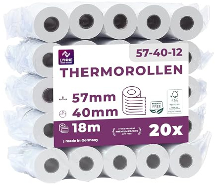 Ec-Cash Thermorollen 57mm x 18m x 12mm - Kassenrollen - Thermopapier - Bonrollen für Bankomat - Kredit-Kartenlesegeräte (57x40x12) mit SEPA-Lastschrifttext (20 Rollen)