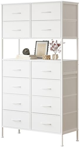 Mintnook Hohe Kommode, weiße Aufbewahrungskiste mit offenem Mitteldesign, hohe Schlafzimmertruhe mit 12 Schubladen, große Kapazität, Aufbewahrungskiste für Schrank, Kinderzimmer, Wohnzimmer, Weiß