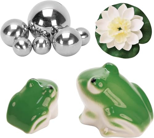 MURISE Miniteich Deko, Schwimmender Frosch aus Keramik 2er Set mit Silbernen Schwimmkugeln und Lotus und Blatt Set für Miniteich Terrassenteich Zinkwannen Solarbrunnen Garten Balkon Deko