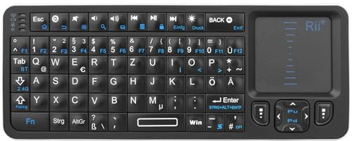 Rii Mini Tastatur Bluetooth mit Touchpad, Wireless Tastatur mit IR-Lernen und Hintergrundbeleuchtung für Android TV Box/Mac/Laptop/Windows/Tablet (DE Layout)