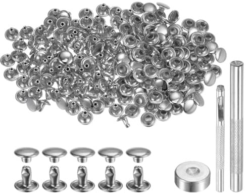 QUARKZMAN 100 Stück 6 x 8mm Leder Nieten, Runde Doppelkappe Tubular Metall Hohlnieten mit Werkzeugen, Zubehör Rücknieten für Lochzange Gürtel Dekoration Kleidung DIY Handwerk (Silber)