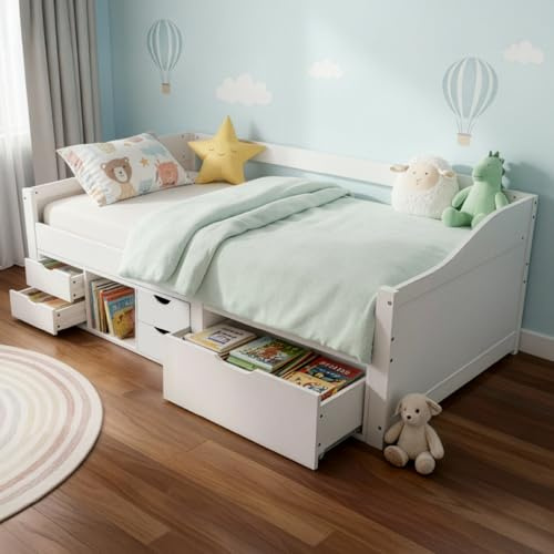 Juskys Funktionsbett Nalu 90x200 cm - Holz Bett mit Lattenrost & Schubladen - Stauraumbett für Kinder - Jugendbett, Kinderbett, Gästebett - Weiß