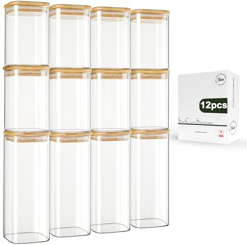 LIBWYS 12er Set Vorratsgläser mit Bambusdeckel Eckig Vorratsdose Glas - in 2 Größen : 1000ml; 600ml