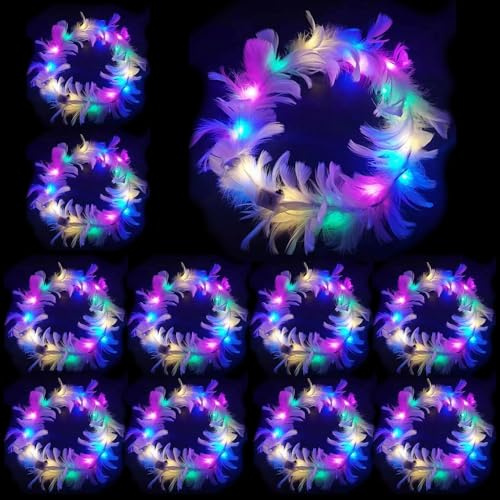 LED Feder Stirnbänder,10 Stück Haarkranz Feder,LED Blumenkranz,Leuchtende | Haarkränze,Leuchtendes Haarreif,Party Kopfschmuck Leuchtend,Blumenkranz Haare für Festivals Hochzeiten Party Zubehör