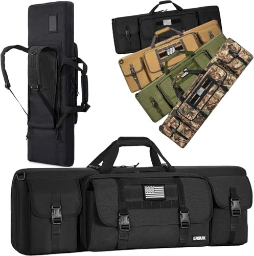 AKOZLIN Abnehmbare Nationalflagge Doppelter Gewehrkoffer, tragbarer Langer Gewehrtaschen-Rucksack mit 3 Aufbewahrungstaschen für Jagdschießen im Freien, Transport von Schusswaffen 36in
