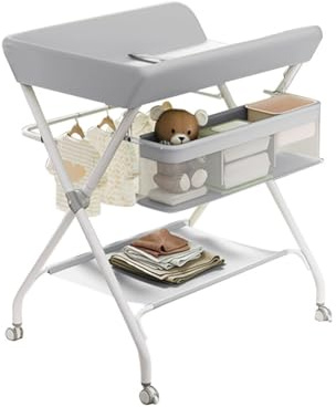 Virimolo Baby Wickelkombi, Klappbare Wickelkommode, Mobil Wickeltisch für Neugeborene und Kleinkinder, Baby Wickelstation mit Rollen bis zu 25 Kg