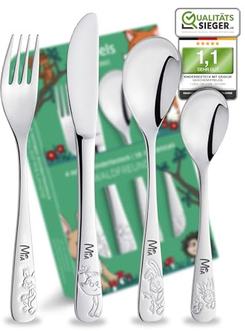 Geschenkfreude Kinderbesteck mit Namensgravur Waldfreunde - 4-teilig | Besteck personalisiert, Kinderbesteck mit Gravur, individuelles Taufgeschenk Junge/Mädchen, personalisierte Geschenke Kinder