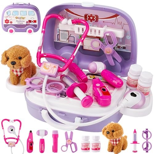 HYAKIDS Tierarzt Spielzeug Arztkoffer Kinder ab 3 Jahre, mit Hunde Spielzeug, Rollenspiel Tierarztkoffer Tierarzt Spielset Hundesalon Spielzeug, Geschenke für Junge Mädchen ab 3 4 5 Jahre