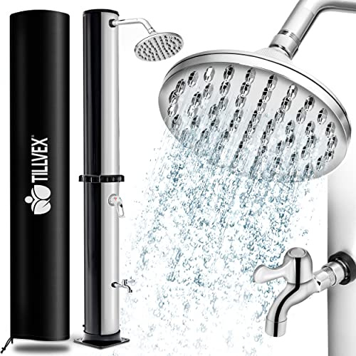 tillvex® Solardusche 20 Liter inkl. Abdeckung | Gartendusche warmes Wasser | Solar Dusche Außen, Garten, Pool & Camping ohne Strom | Pooldusche mit Regenduschkopf, Wasserhahn & Gartenschlauch-Anschluss