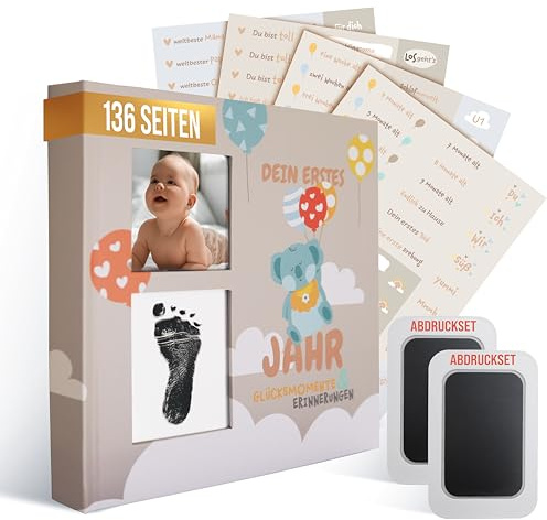 colortouch Babyalbum Dein erstes Lebensjahr mit Abdruckset + Aufkleber, Baby Fotoalbum zum Selbstgestalten, Babybuch zum Ausfüllen, Babytagebuch ab 0 Monate, Fotoalbum zum eintragen für Babypartys