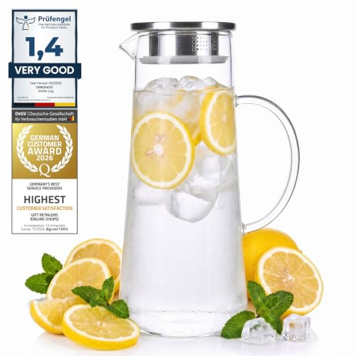 DIMONO® Glaskaraffe mit Deckel 1,5 Liter Wasserkaraffe hitzebeständig | Tropffrei ausgießen, Edelstahlsieb hält Obst zurück, Getränkekaraffe für Eistee & Saft, Wasserkrug aus Glas mit Griff