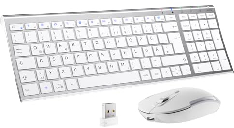 Tastatur Maus Set Kabellos, iClever Kabellose Tastatur und Maus, Wiederaufladbare, Deutsche QWERTZ Layout Funktastatur für Computer/Desktop/PC/Laptop/Windows 10/8/7, Weiß und Silber