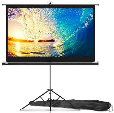 Beamer Leinwand mit Stativ 60 Zoll – Projektor-Leinwand für den Innen- und Außenbereich für Film- und Büropräsentationen – 16:9 HD Premium-Qualität, knitterfrei mit Tragetasche und festem Gurt