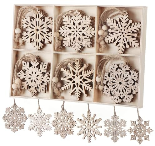 Holzanhänger Weihnachten, 18 Stück Holz Schneeflocken Anhänger, 7cm Weihnachtsbaumschmuck Holz mit Juteseil, Christbaumschmuck Weihnachtsanhänger Christbaumanhänger