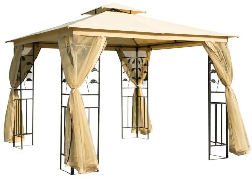 Outsunny Luxus Pavillon Gartenpavillon mit Seitenteilen 3x3 m Beige | Mit Doppeldach, Partyzelt, Festzelt, Gartenzelt, Pagode