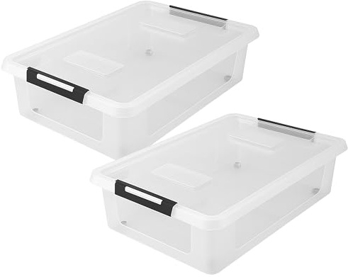 HRB 2er Set transparente Aufbewahrungsbox Rollbar Unterbettbox mit Deckel Clickverschluss - Ideal für Unterbett Aufbewahrungsbox Plastikbox mit 32 Liter Volumen