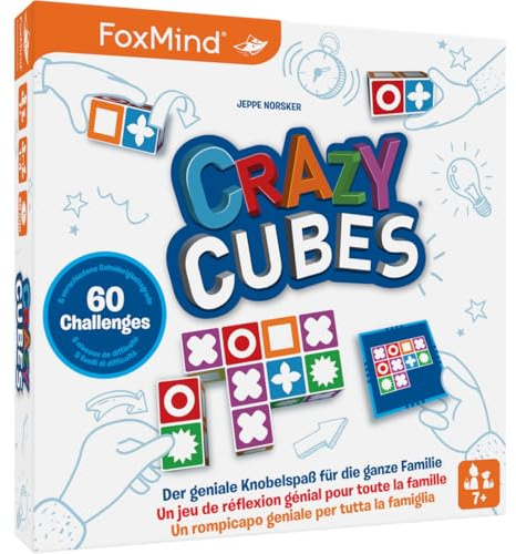 FoxMind 3100235 Crazy Cubes, genialer Knobelspaß für die Familie, rasantes Würfelpuzzle für 1-4 Personen, Brainteaser für Kinder ab 7 Jahren, Rot, Blau, Grün, Gelb, Weiß