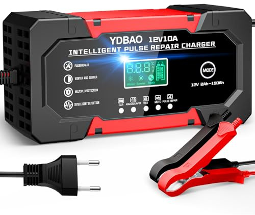 Autobatterie Ladegerät 10A Batterieladegerät 12V LiFePO4 & AGM Option | LCD Display Intelligentes Ladegerät Autobatterie Temperaturkompensation Batteriepfleger Mit Reparaturmodus für Auto Motorrad
