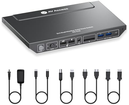 AV Access Dockingstation mit KVM Switch für Laptop & Desktop, 100W Aufladung, 4K@60Hz Dual Monitor HDMI, 3xUSB 3.0, USB-C, 1G Ethernet, EDID Support, SD, 3.5mm AUX Audio, Fast Switch 2 Computer