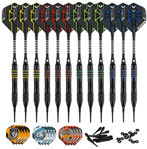 BLESION Dartpfeile mit Kunststoffspitze 12 Stück 18 Gramm Profi Dartpfeile Set für Elektronische Dartscheibe, Dartpfeile mit 12 Flights 20 Gummiringen 50 Dartspitzen (Classic)