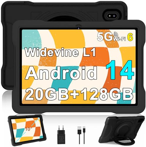 Tablet 10 Zoll Android mit 5G WiFi 6, Octa-Core, 20GB RAM + 128GB ROM (TF 2TB), Widevine L1, Pädagogische IWawa App, 6000mAh,Bluetooth 5.0, 1280 * 800,GMS ,2026 Neueste Tablet mit Eva Case - Schwarz