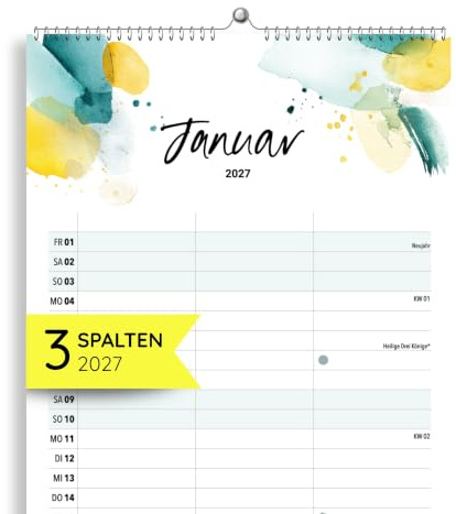heaven+paper Paarplaner 2027 3 Spalten Splash Wandkalender 2027 (21x42cm) | Familienplaner 2027 mit Feiertagen, Schulferien, KW, Mondphasen - Wandplaner 2027 für 2 bis 3 Personen, made in Germany