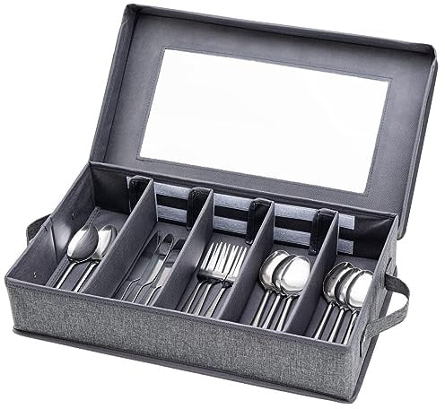 Lafulling Besteck-Aufbewahrungsbox für Besteck, Utensilienhalter mit abnehmbarem Deckel und verstellbaren Trennwänden zum Organisieren von Utensilien, Besteck, Messern, großes Fassungsvermögen, Grau