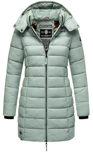 MARIKOO Damen langer Wintermantel warmer Steppmantel mit abnehmbarer Kapuze Abendsternchen Smokey Mint Gr. S