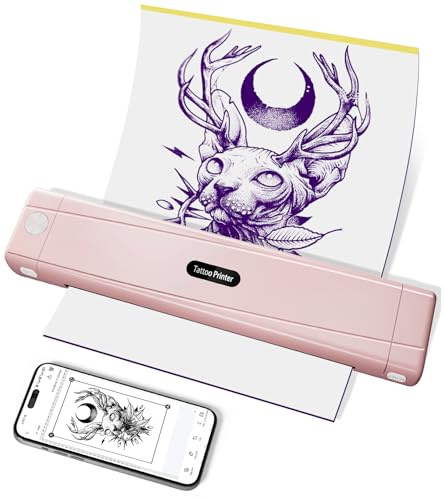 TATTMUSE Tattoo Drucker Bluetooth, Schablone Drucker mit 10 Stück Papier, A887 Stencil Drucker mit Smartphone & PC, Tattoo Transfer Nadeldrucker für Tattoo Künstler und Anfänger, Rosa