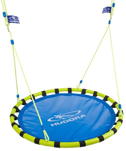 HUDORA Nestschaukel Alu 120 - Hochwertige Indoor & Outdoor Korbschaukel - Hängeschaukel mit 120 cm Durchmesser - Höhenverstellbare Schaukel für Kinder & Erwachsene bis zu 120kg, blau/gelb