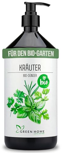 Green Home BIO Kräuter Dünger 1 Liter. Kräuterdünger flüssig mit Dosierpumpe, NPK 3+2+6, auch für Basilikum & Rosmarin. Für Topf, Hochbeet und Freiland, präzise 1,5 ml Hubdosierung