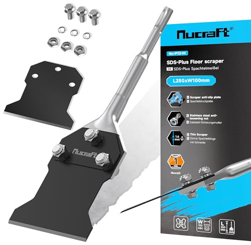 Nucraft Spachtelmeißel Set SDS-Plus 250x100mm Bodenschaber mit Ersatzklinge | Mit Schrauben für einfachen Wechsel. Entfernt Kleber, Teppich, Linoleum, Fliesenkleber, PVC & Farbe