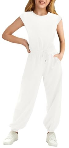 Haloumoning Mädchen Jumpsuits Kinder Mode Lange Hosen Mädchen Sommer Kurzarm Overall Casual Sport Jumpsuit, Weiß, 10-12 Jahre