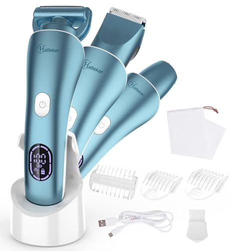 Hatteker Elektrorasierer für Damen Bikini Trimmer für Achselbein Arm Körper Gesicht 3-in-1 Damenrasierer Elektrisch IPX7 Wasserdicht mit USB-Ladestati (Blau)