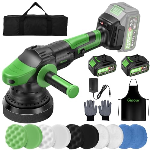 Ginour Poliermaschine Akku 21V mit 2x3Ah Akkus, 900W Bürstenlosen Motor, Exzenter Poliermaschine 15mm 3-Geschwindigkeiten, 2000-6000 RPM, 125mm Polierschwamm