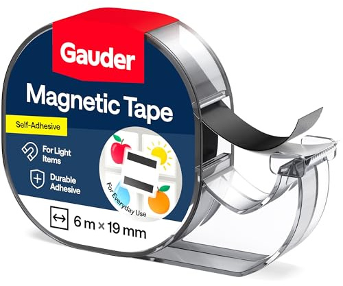 GAUDER Magnetband im Spender - Selbstklebender Magnetstreifen im Abroller für leichte Gegenstände - Zuschneidbares Magnetklebeband zum Befestigen von Postkarten & Fotos auf Metallflächen (6 m x 19 mm)