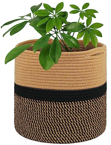 Tenn Well 30 cm Indoor-Topf für Pflanzen mit Einsatz, Baumwolle gewebter Aufbewahrungskorb große Blumentöpfe für Zimmerpflanzen, Blumentopf, Wäsche-Organizer und Heimdekoration (Schwarz und Braun)