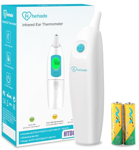 Fieberthermometer Ohr für Baby Erwachsene, Ohrthermometer Kinder Infrarot Thermometer Fieber mit Genau und Sofort Ablesung, Fieberalarm, 10 Speicherfunktion, LCD Anzeige
